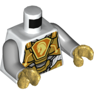 Lego Torso Armor, Gold Plates, Orange Shield with Horse Head Print, Light Bluish Gray Arms, Pearl Gold Hands / White