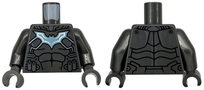 Lego Torso Armor with Dark Silver Highlights, Metallic Light Blue and White Bat Symbol, Black Muscles Outline Pattern / Pearl Dark Gray Arms / Pearl Dark Gray Hands