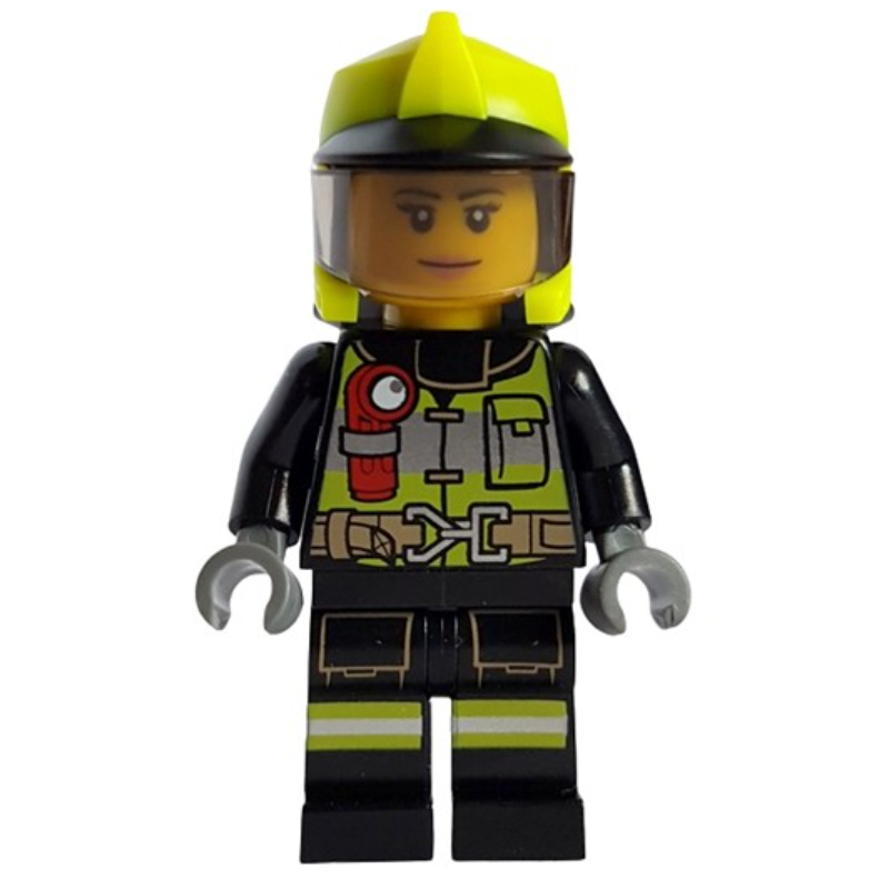 Lego Firefighter, Black Fire Suit, Vibrant Yellow Helmet