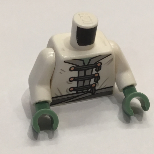 Lego Torso Tunic, Light Bluish Gray Trim and Belt, Dark Bluish Gray Ties, Gold Buttons / Dragon Symbol on Back Print, White Arms, Sand Green Arms / White