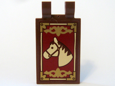 Lego Tile, Modified 2 x 3 with 2 U Clips with Horse Head and Gold Border Pattern (Sticker) - Set 10193