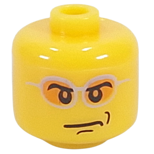 Lego Pen Bead, Round Large, Curved Edges / Cylinder with Minifig Head with Silver Glasses, Orange Lenses print / Yellow