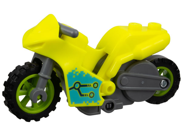 Lego Stuntz Flywheel Motorcycle Sport Bike Tapered Front with Dark Bluish Gray Frame, Lime Wheels, and Dark Bluish Gray Handlebars with Black Circuitry on Medium Azure Background Pattern