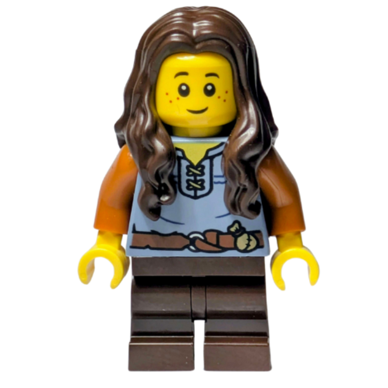 Lego Girl, Sand Blue Torso, Dark Brown Legs, Dark Brown Hair