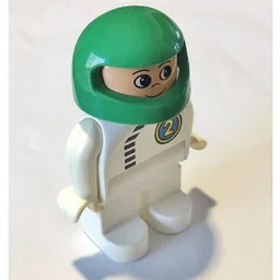 Duplo Figure, Early, Helmet Green, White Legs, Black Zipper and Racer #2 Print / White
