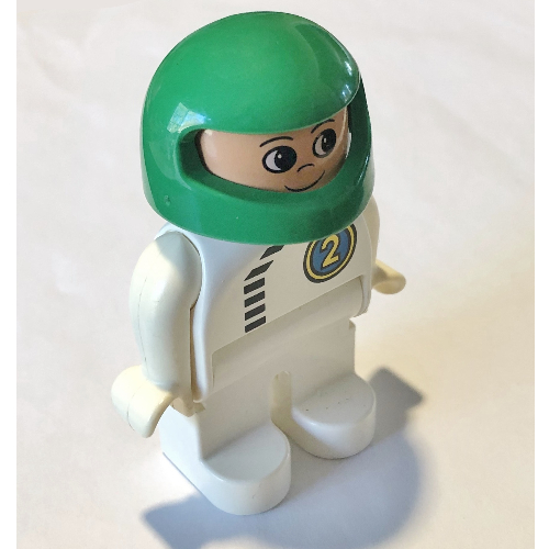 Lego Duplo Figure, Early, Helmet Green, White Legs, Black Zipper and Racer #2 Print / White