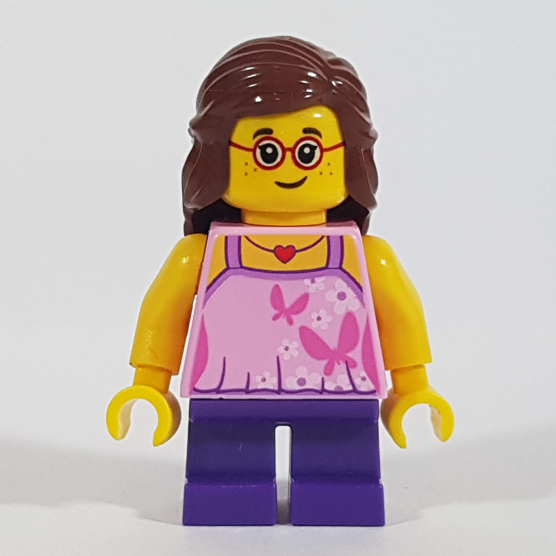 Lego Girl, Bright Pink Top with Butterflies, Dark Purple Legs, Reddish Brown Hair, Glasses