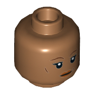 Lego Minifig Head Val, Reddish Brown Eyebrows, Peach Lips, Neutral / Goggles Print / Medium Nougat
