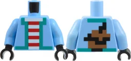 Torso Pixelated Jacket with Dark Turquoise Hem Over Red and White Stripped Shirt, Medium Brown and Black Backpack on Back Pattern / Bright Light Blue Arms / Black Hands / Bright Light Blue