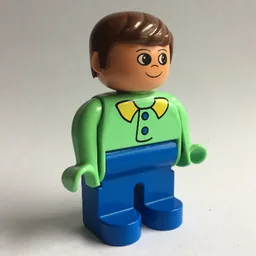Duplo Figure, Early, with Short Parted Hair Brown, Blue Legs, Blue Buttons and Lime Collar Print / Medium Green