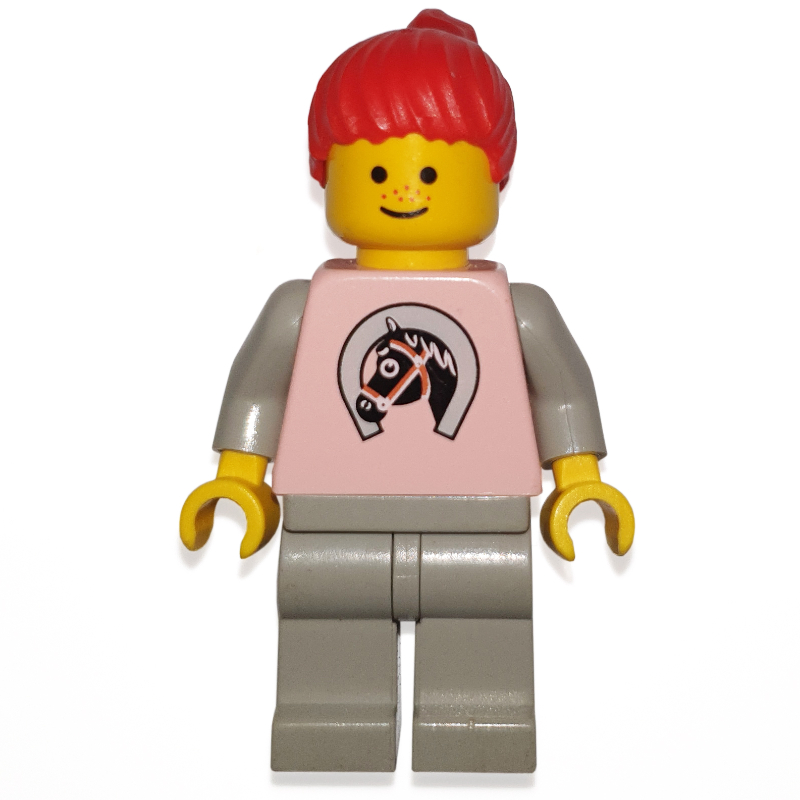 Lego Woman, Pink Top with Horse, Light Gray Legs, Red Hair