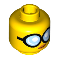 Lego Minifig Head GPL Tech, Large Round Glasses with Bright Light Blue Lenses, Closed Mouth with Orange Lips, Slight Crooked Smile Print [Hollow Stud] / Yellow