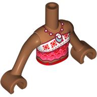 Lego Minidoll Torso Girl with White/Coral Dress, Red Decorations, Dark Red Necklaces, Shell Pendant print, Sienna Brown Arms and Hands / Sienna Brown