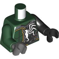 Lego Torso, Odd Arms and Hands, Dark Green Armor, Yellow Line, Black Venom Transition, White Spider print, Left Black Arm and Hand, Right Dark Green Arm and Dark Bluish Grey Hand / Dark Green