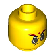 Minifig Head Red Son, Round Sunglasses, Red Forehead Dot, Frown / Raised Eyebrows with Open Mouth with Teeth Print / Yellow