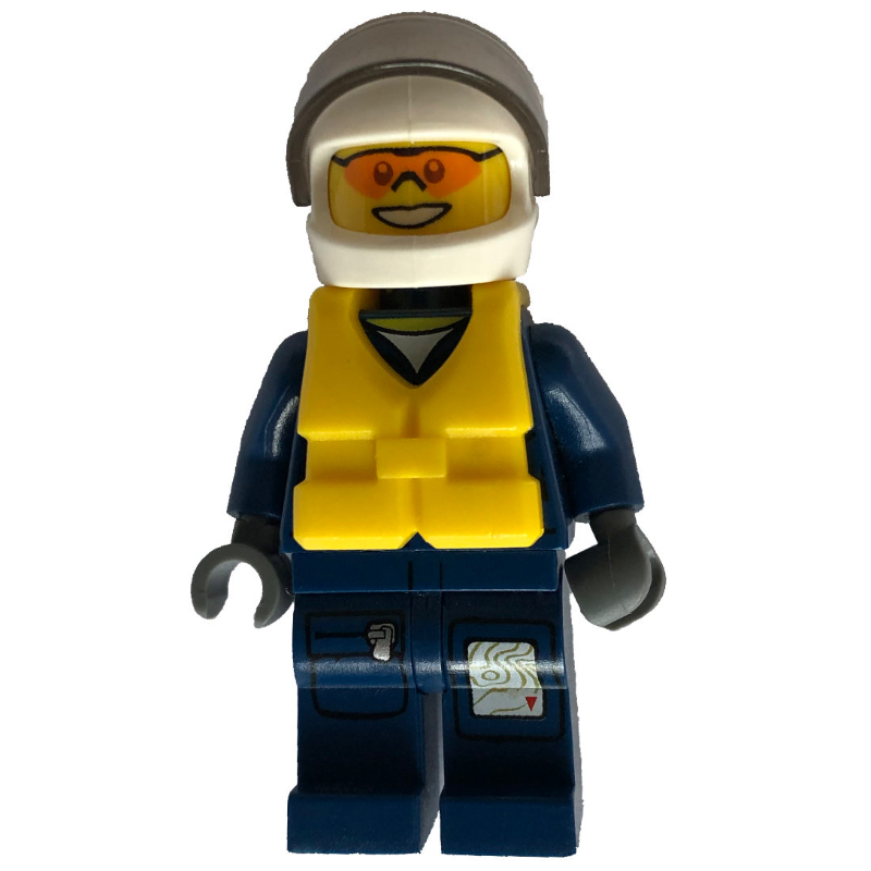 Lego Policeman, Dark Blue Jacket with Pockets and Badge, White Helmet with Visor, Yellow Life Vest, Orange Sunglasses