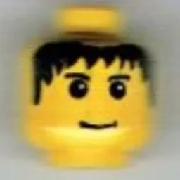 Minifig Head Babloo / Soccer Player, Messy Black Hair, Slight Smile, Eyebrows Print / Yellow