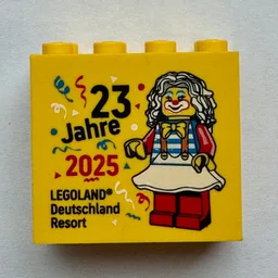 Brick 2 x 4 x 3 with '23 Jahre 2025 LEGOLAND Deutschland Resort' / Yellow