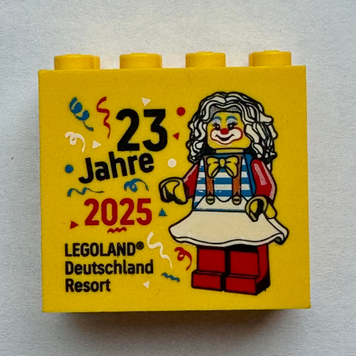 Lego Brick 2 x 4 x 3 with '23 Jahre 2025 LEGOLAND Deutschland Resort' / Yellow