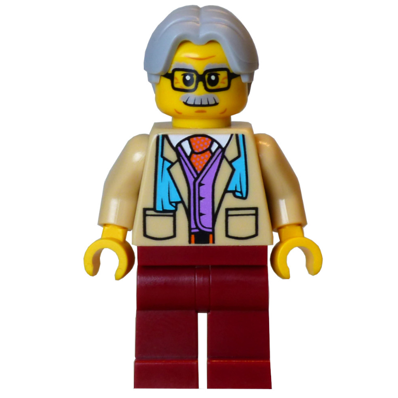 Lego Man, Tan Torso, Dark Red Legs, Light Bluish Grey Hair
