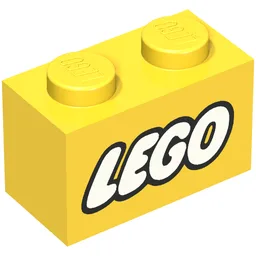 Brick 1 x 2 with LEGO Logo Closed O White with Black Outline Print / Yellow