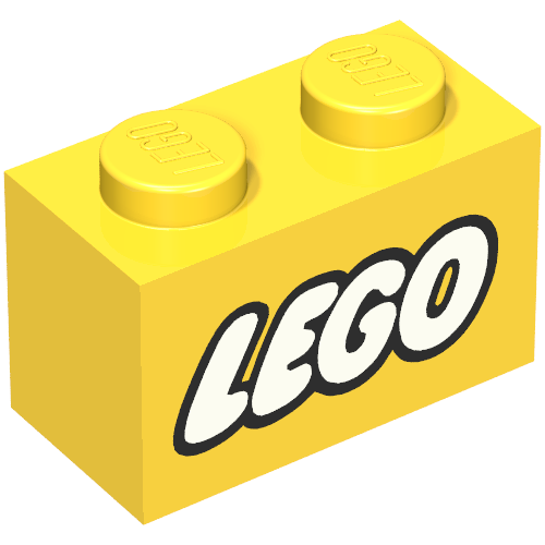 Lego Brick 1 x 2 with LEGO Logo Closed O White with Black Outline Print / Yellow
