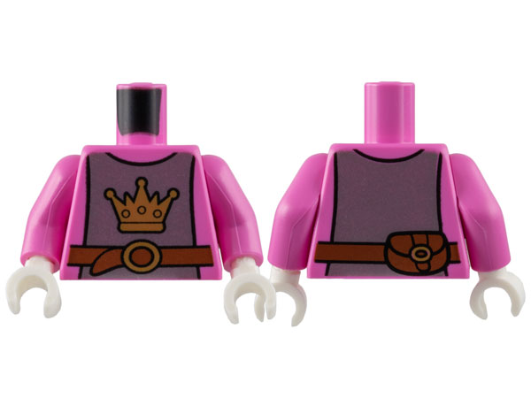 Lego Torso Armor Silver Breastplate with Gold Crown, Reddish Brown Belt with Buckle Pattern / Dark Pink Arms / White Hands