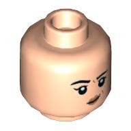 Lego Minifig Head Marion Ravenwood, Black eyebrows, Peach lips, Lobsided Smirk/Open Mouth Scared print / Light Nougat