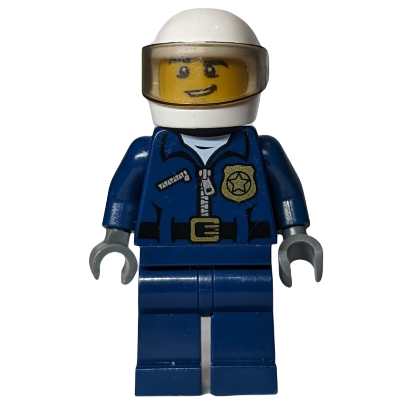 Lego Policeman, Dark Blue Jacket with Zipper, Badge, and 'POLICE' on Back, White Helmet with Visor, Open Mouth
