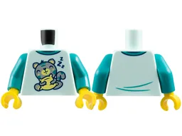 Torso Pajama Shirt with Dark Turquoise Collar, Light Bluish Gray Sleeping Cat with Bright Light Yellow Pillow, Dark Blue 'ZZZ' Pattern / Dark Turquoise Arms / Yellow Hands
