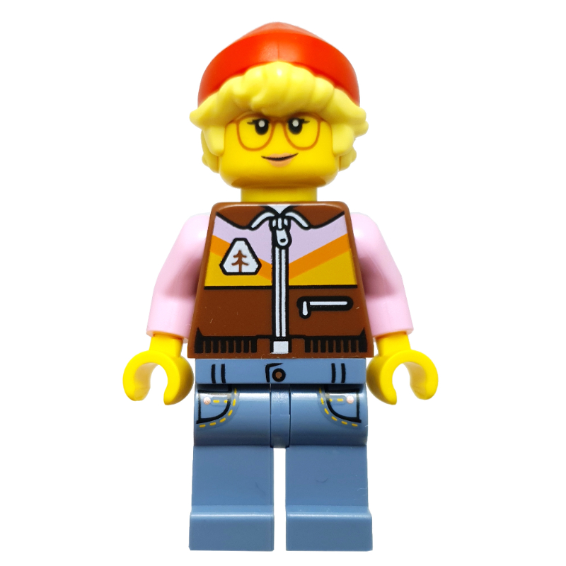 Lego Model Shop Owner, Reddish Brown Torso, Sand Blue Legs, Red beanie