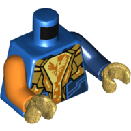 Lego Torso, Odd Arms, Armor with Gold Plates, Yellow and Orange Falcon Shield Print, Left Dark Blue Arm, Right Orange Arm, Pearl Gold Hands / Blue