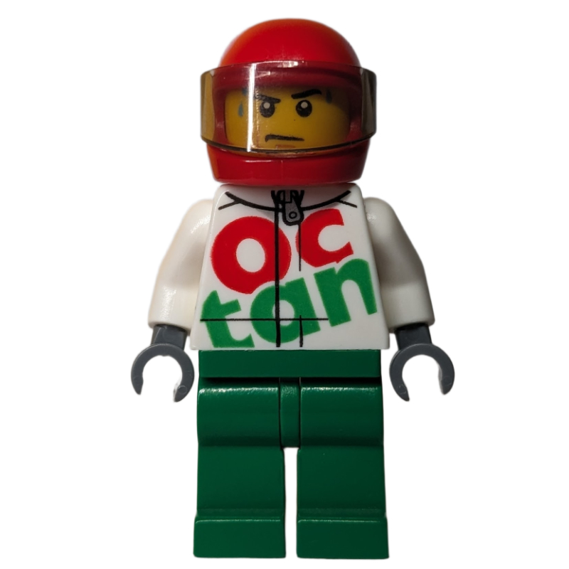 Lego Racer, White and Green Jumpsuit with Large 'Octan', Red Helmet with Visor, Sweat Beads