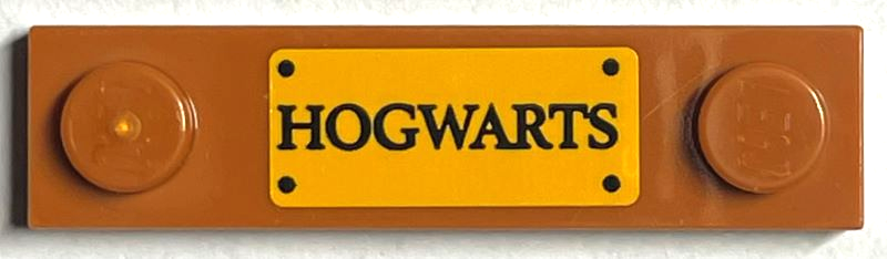 Lego Plate, Modified 1 x 4 with 2 Studs with Groove with Black 'HOGWARTS' and 4 Circles on Bright Light Orange Background Pattern (Sticker) - Set 76399
