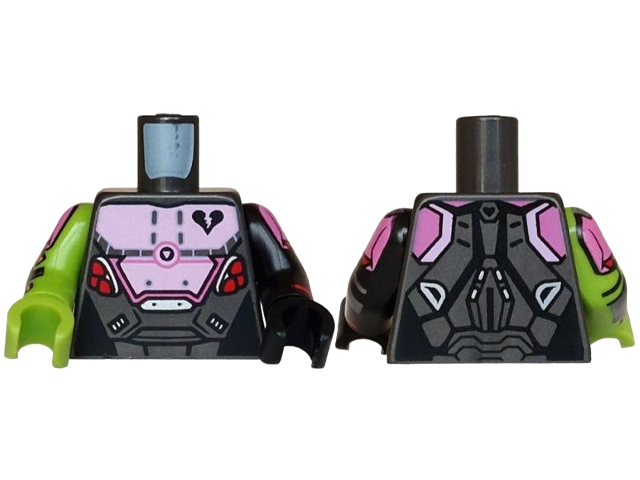 Lego Torso Armor with Bright Pink and Silver Breastplate, Black Broken Heart, Dark Pink Shoulders, Red Bullets Pattern / Black Arm Left with Dark Pink Shoulder, Silver Armor Pattern / Lime Arm Right with Dark Pink Shoulder, Silver Armor Pattern / Black Hand Left / Lime Hand Right