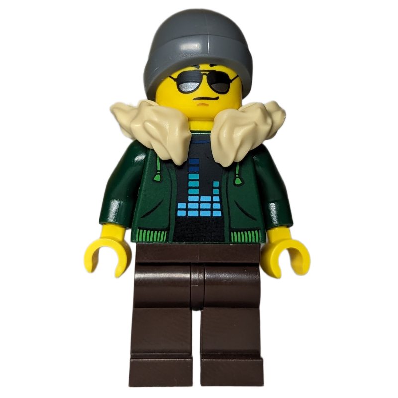 Lego Dark Green Torso, Dark Brown Legs, Tan Collar, Dark Bluish Grey Beanie