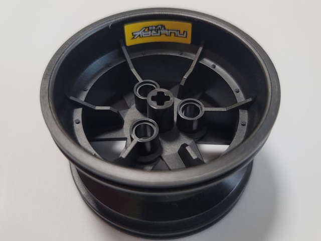 Lego Wheel 56mm D. x 34mm Technic Racing Medium, 3 Pin Holes with White 'NUTRAX Tyres' on Yellow Background Pattern (Stickers) - Set 42000