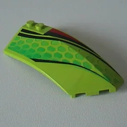 Brick Wedged, Curved 8 x 3 x 2 Open Right with Red and Black Stripes and Green Scales Print / Lime