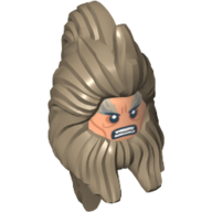 Lego Minifig Head Special, Beorn with Beard and Long Hair, Nougat Face with White Pupils and Grimace Print / Dark Tan
