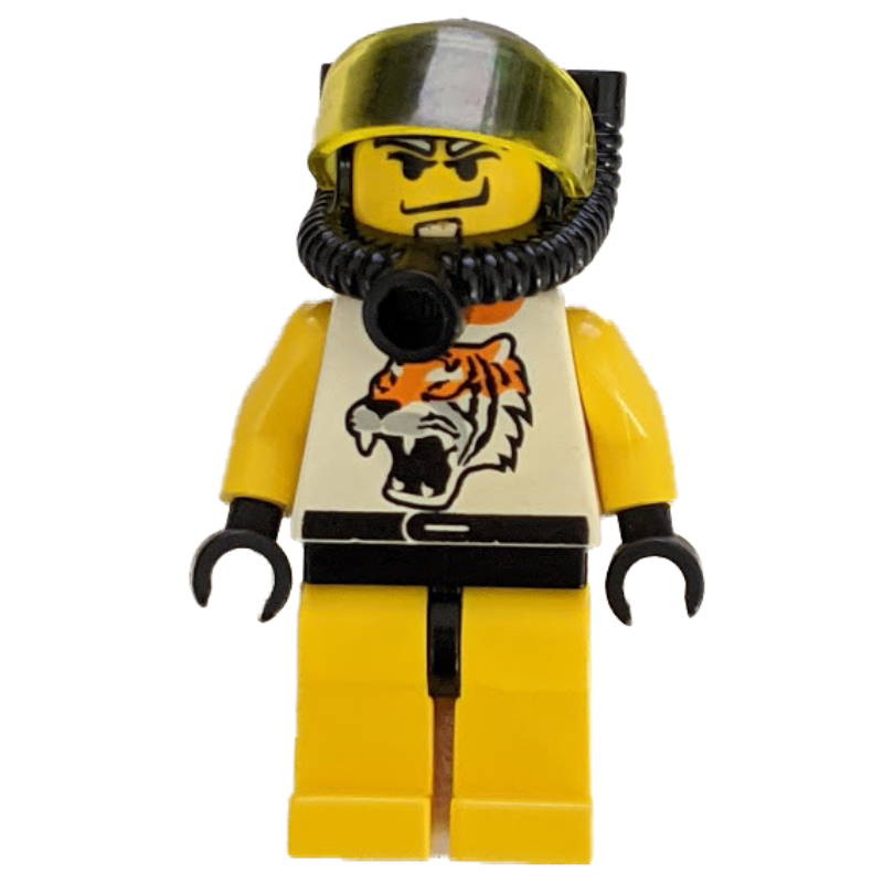 Lego Racer, Yellow and White Outfit with Tiger, Black Diving Helmet with Visor