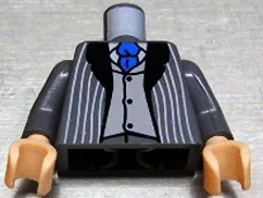 Torso Suit Jacket Open with Light Bluish Gray Pinstripes and Black Lapels over Vest with Buttons and White Shirt, Blue Tie Pattern / Dark Bluish Gray Arms / Light Nougat Hands
