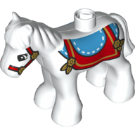 Lego Duplo Animal Horse/Foal with Blue & Red Saddle, and Red Bridle Print / White