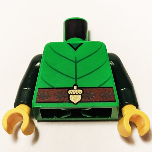 Lego Torso Tunic, Green Chest Markings, Dark Brown Belt, Acorn Buckle print, Dark Green Arms, Yellow Hands / Bright Green
