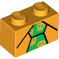 Lego Brick 1 x 2 with Tie with Skulls Print / Bright Light Orange