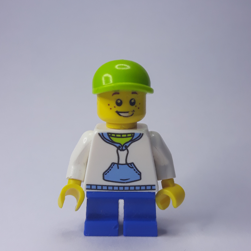 Lego Boy, White and Blue Hoodie, Short Blue Legs, Lime Cap (3626c Head)