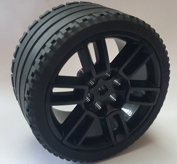 Lego Wheel 56mm D. x 34mm Technic Racing Medium, 6 Pin Holes, Axle Hole, Open Spokes with Black Tire 68.8 x 36 ZR (49294 / 44771)