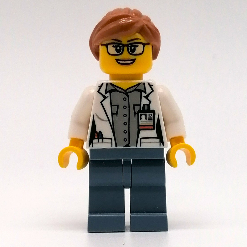 Lego Marine Scientist, Woman, Open White Lab Coat, Sand Blue Legs, Medium Nougat Hair, Glasses