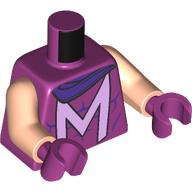 Lego Torso Muscles Outline, Dark Purple Cape Top, Lavender 'M' print, Light Nougat Arms, Magenta Hands / Magenta