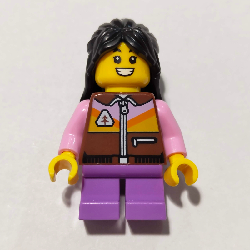 Lego Kid, Reddish Brown Torso, Medium Lavender Legs, Black Hair