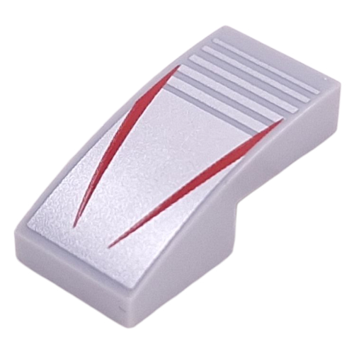 Lego Brick Curved 2 x 1 No Studs with Red Stripes on Silver Striped Background print / Light Bluish Gray
